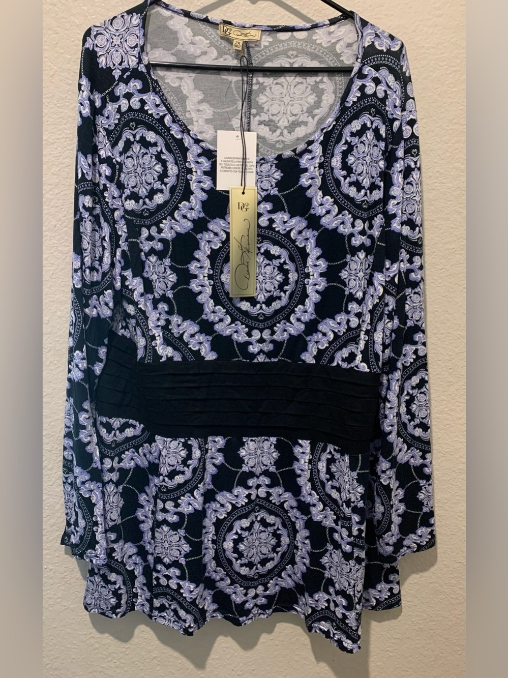 DG2 Diane Gilman Navy Tunic with Lavender Medallion Print
